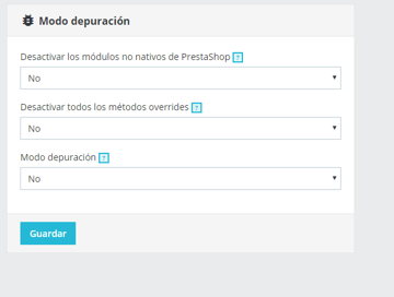 Parámetros de modo depuración PrestaShop 