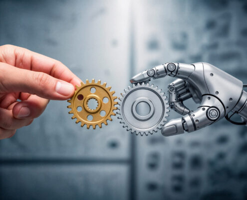 una mano y un robot con engranajes