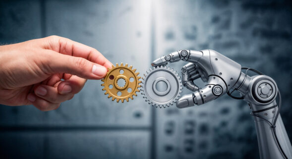 una mano y un robot con engranajes
